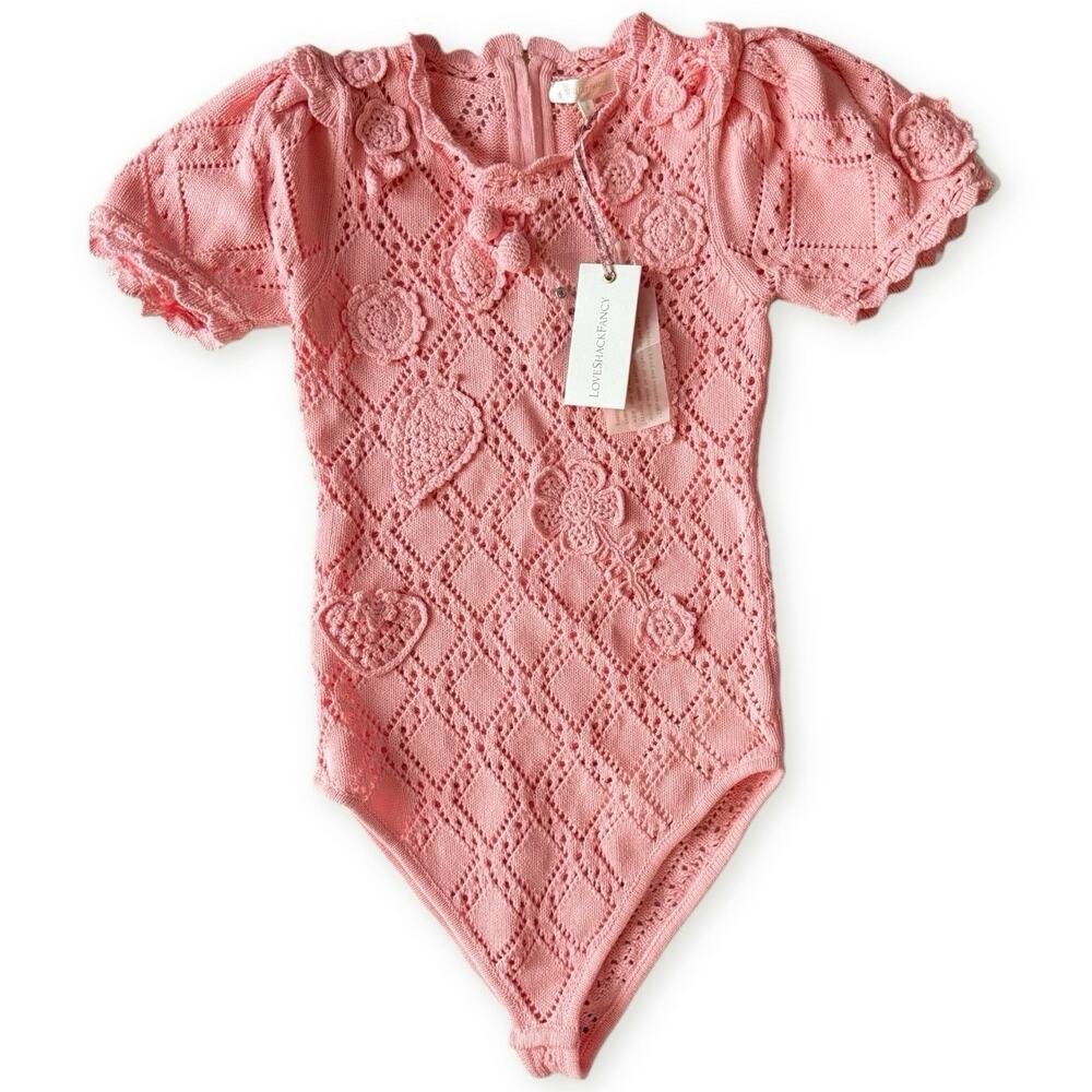 LoveShackFancy NWT Forte Small Peach Pink Strawberry Appliqué Knit Bodysuit - Picture 5 of 16
